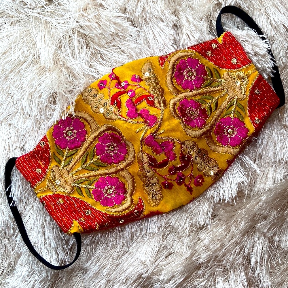 Hand Made Embroidered floral face mask, M/L